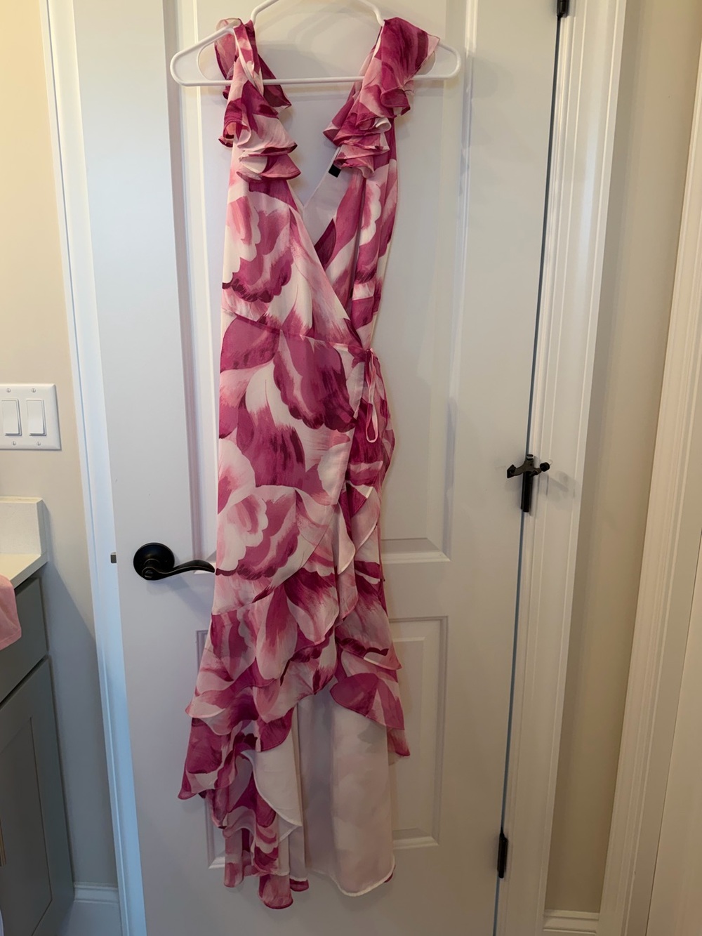 Lulu's Pink and White Floral Ruffle Wrap Dress
